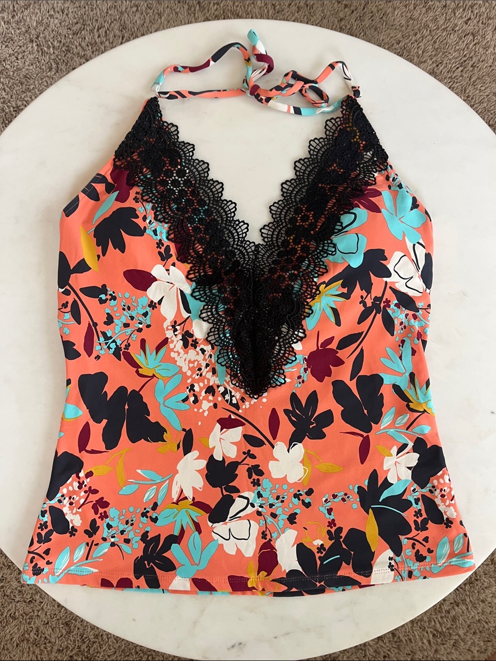 Sea Angel Tankini Swim Top, Medium, Black, Coral, Lace Trim, Adjustable Tie Top
